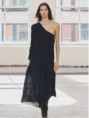 Zara One-Shoulder Black Pleated Maxi Dress